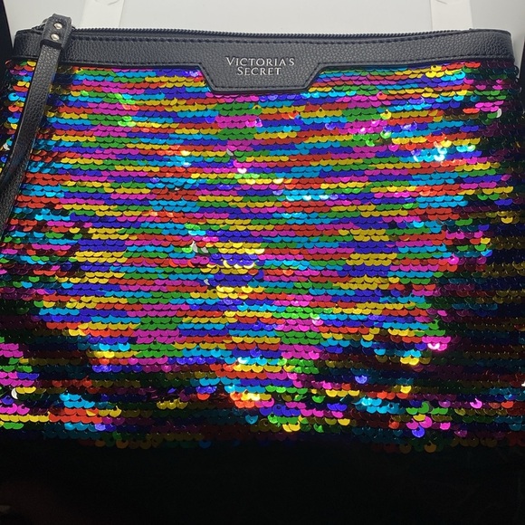 Victoria’s Secret Rainbow Sequin/Black Faux Pebbled Leather Cosmetic Bag/NWOT - Picture 4 of 5